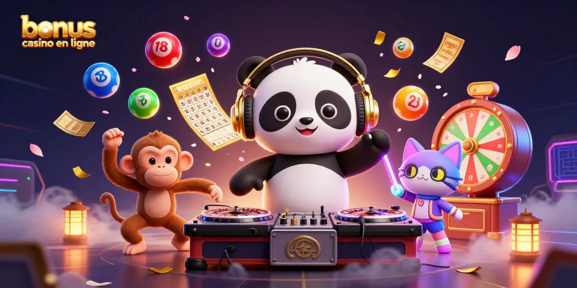 Profitez d'un bonus casino en ligne avec une scène festive incluant un panda DJ, un singe et un chat festif.
