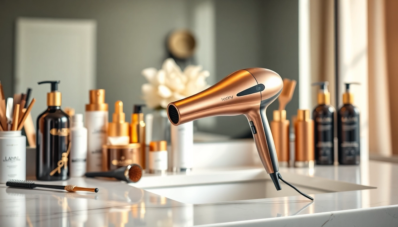 Stylish ionic blow dryer positioned on a modern vanity, highlighting its sleek design and functionality