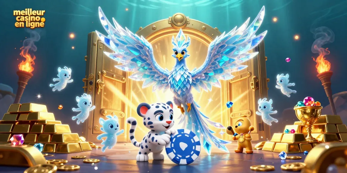 Découvrez le meilleur casino en ligne avec un phénix de glace et un léopard des neiges, entourés d'effets magiques.