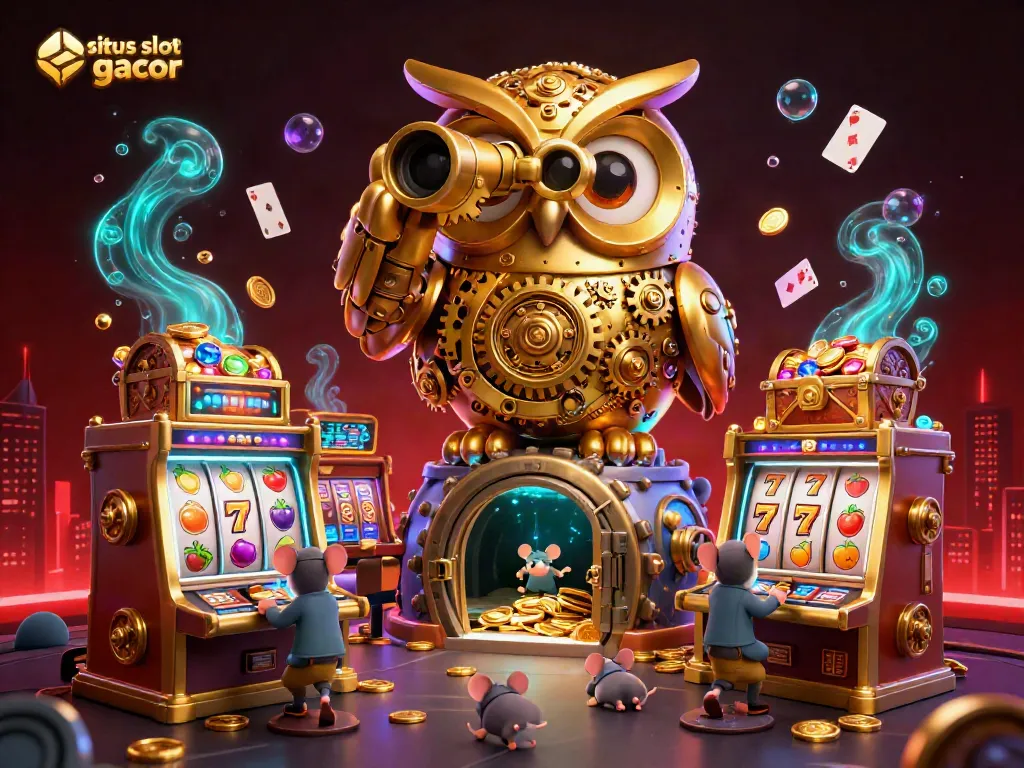 Ilustrasi ceria "situs slot gacor" menampilkan burung hantu emas dan tikus permainan di kasino dengan mesin slot penuh harta.