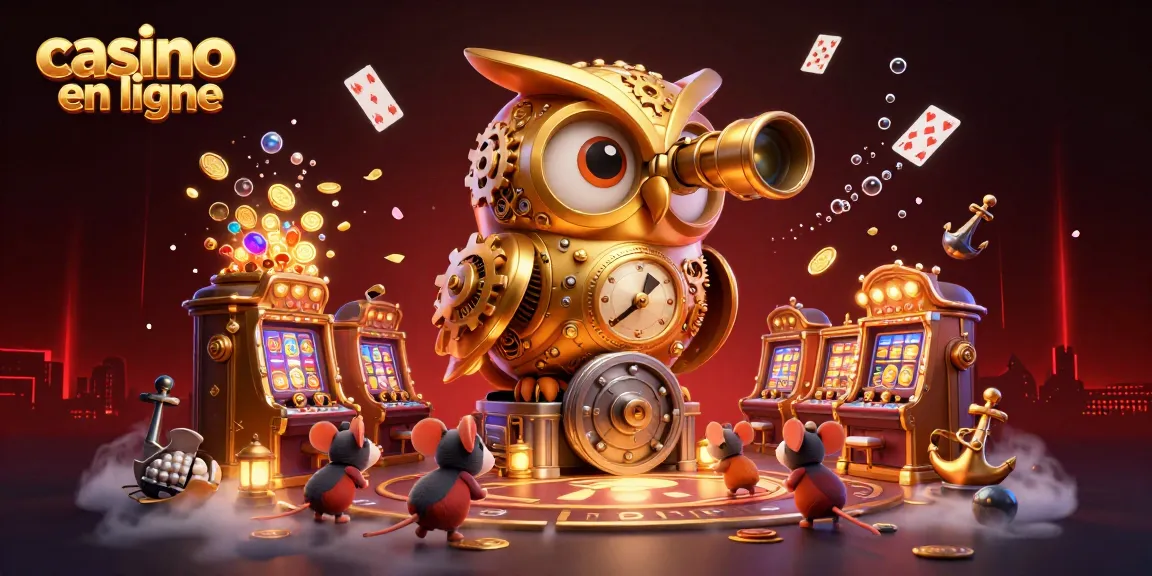 Illustration dynamique d'un casino en ligne, mettant en scène un hibou doré et des souris jouant autour des machines à sous.