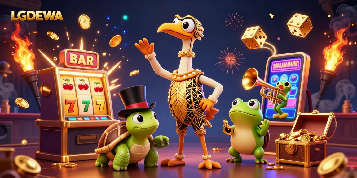 Play and win with LGODEWA's slot games, featuring vibrant characters, massive jackpots, and exciting casino elements.