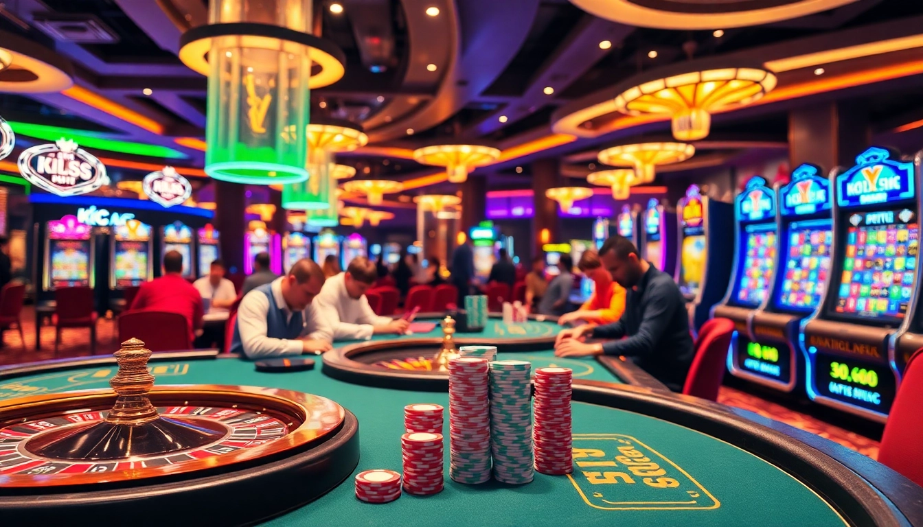 A dynamic scene from KJC AC 2 showcasing vibrant casino tables and players enjoying poker and roulette games.