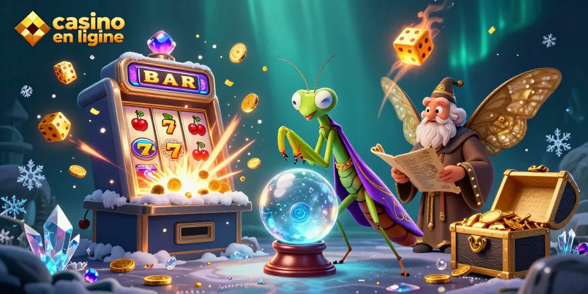 Jouez dans un casino en ligne magique avec une mante religieuse voyante et des rouleaux de machines à sous.