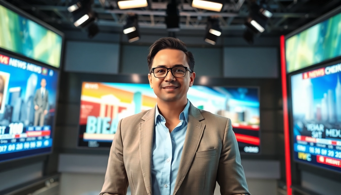 News anchor delivering breaking news in a modern studio setting.