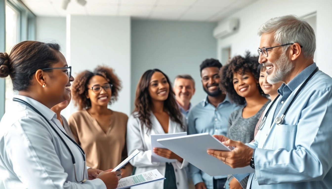 Engaging doctor showcasing Health concepts in a welcoming clinic environment with diverse patients.