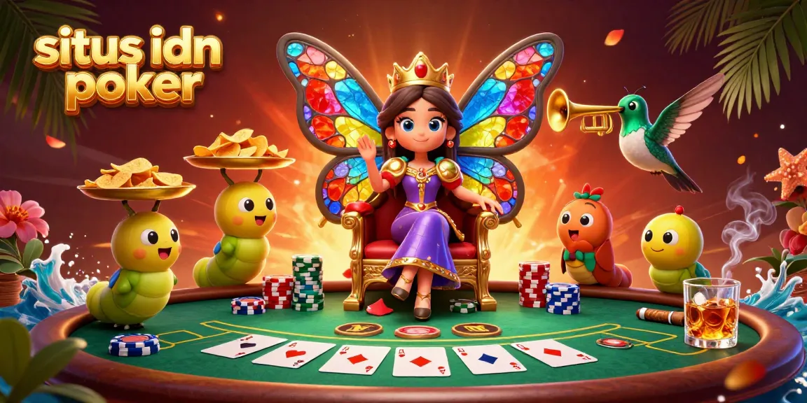 Engage in the vibrant situs idn poker scene with a colorful butterfly queen, poker elements, and casino atmosphere.