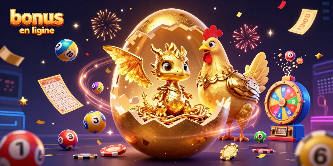 Bonus casino en ligne - Illustration vibrante d'un dragon en or, jetons et loteries.