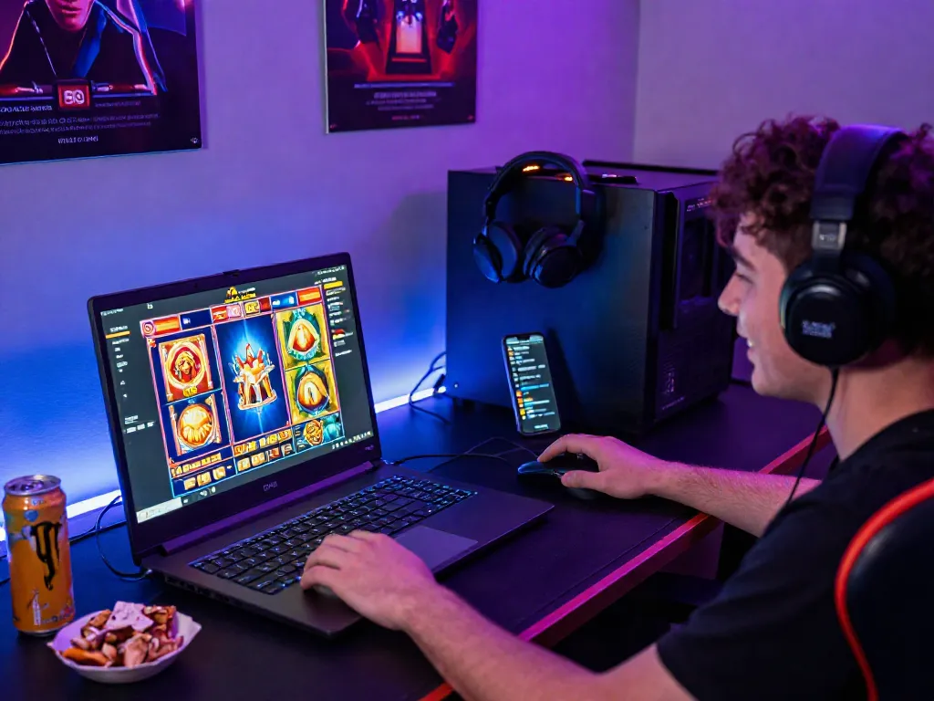 Engaged gamer exploring slot gacor maxwin on a laptop, surrounded by gaming accessories.