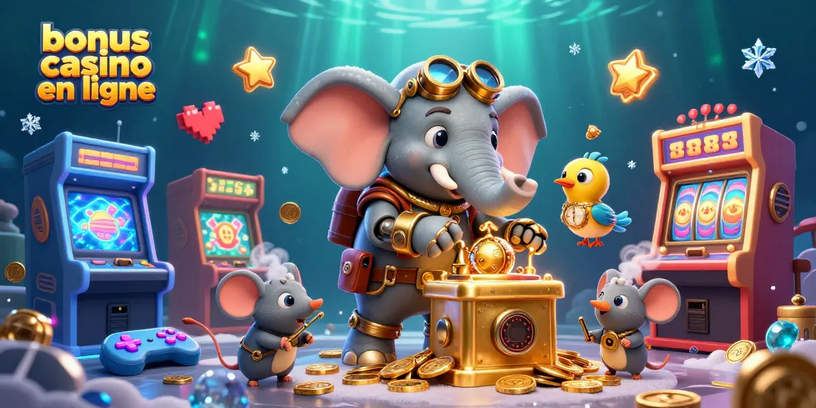 Illustration colorée de l'ingénieur éléphant en steampunk opérant une machine à sous en ligne avec bonus casino en ligne.