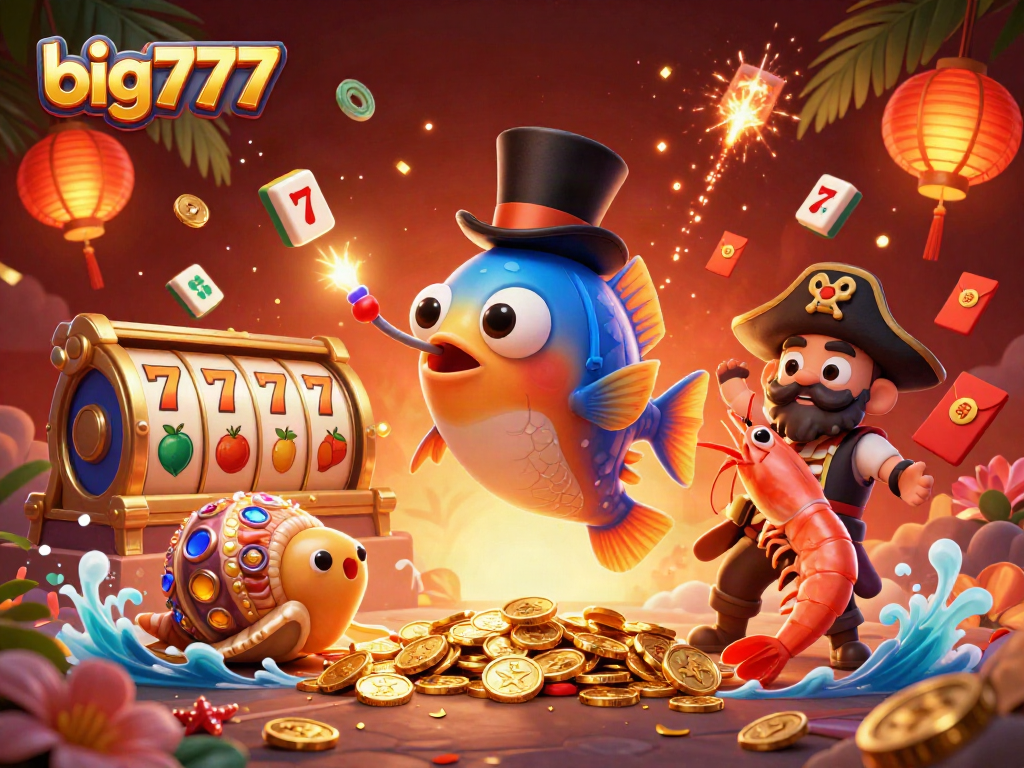 Try your luck with big777 in this vibrant casino scene filled with treasures and 3D elements.