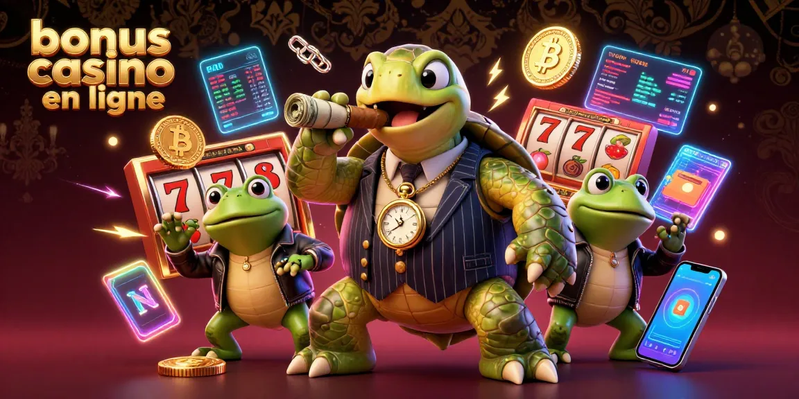 Illustration 3D d'une tortue en costume rencontre des éléments de bonus casino en ligne sur un fond animé.