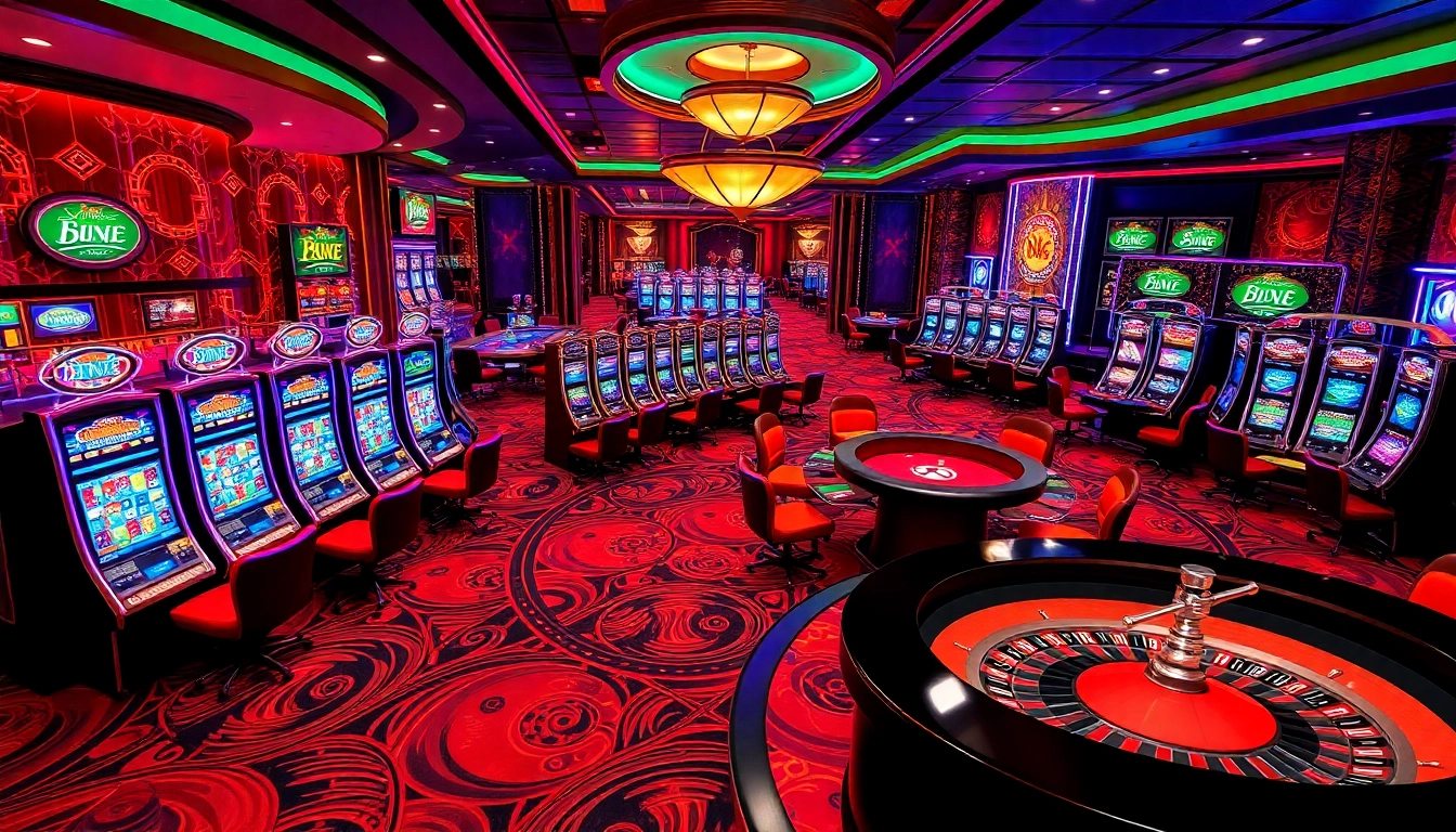 A lively casino scene showcasing KJC gambling excitement with poker tables and vibrant slot machines.