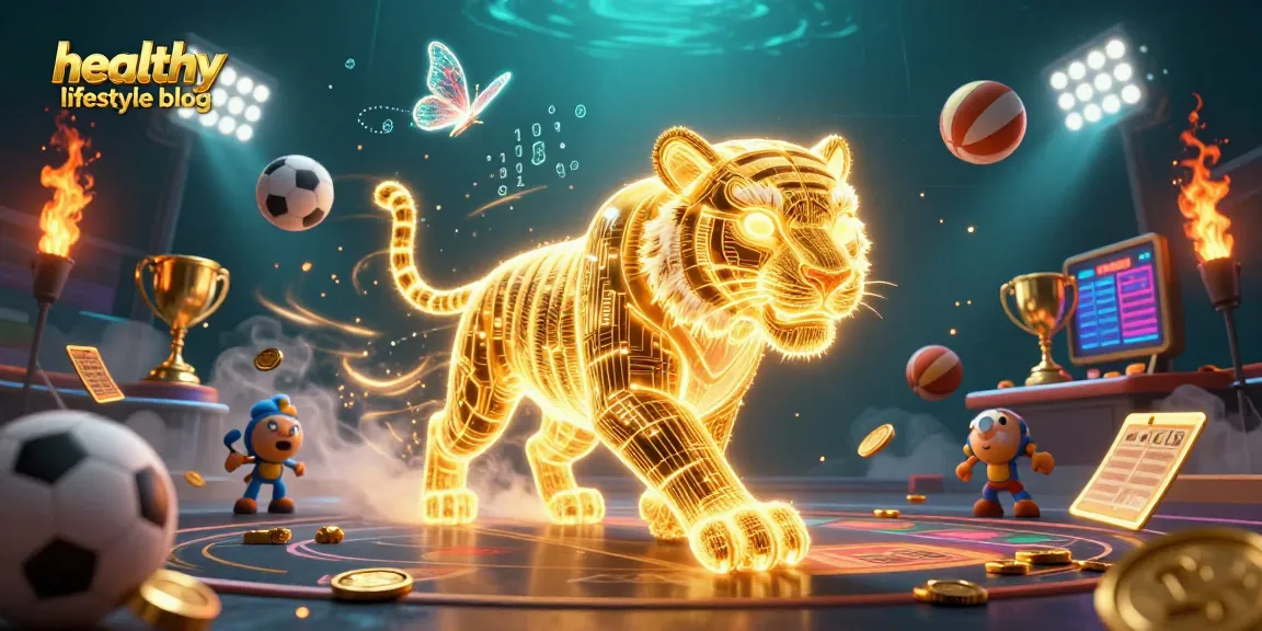Engage with the vibrant scene of a healthy lifestyle blog showcasing a neon-wireframe tiger in a casino setting.
