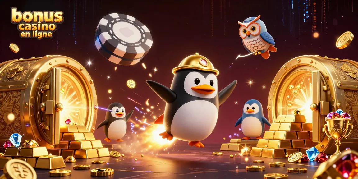 Découvrez le bonus casino en ligne à travers une scène riche d'illustration 3D avec un pingouin doré.