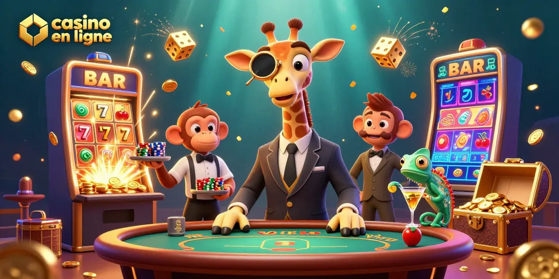 Découvrez cette illustration dynamique de casino en ligne avec une girafe joueuse et des éléments de jackpot.