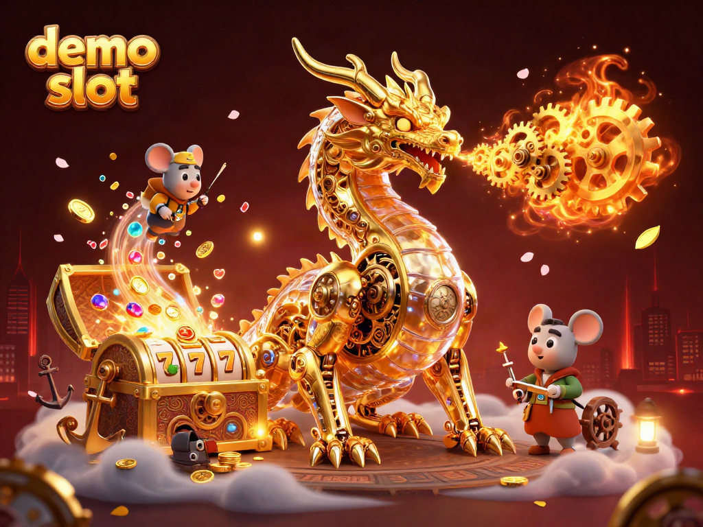 Engage with the demo slot featuring a golden dragon and vibrant casino elements in this exquisite illustration.