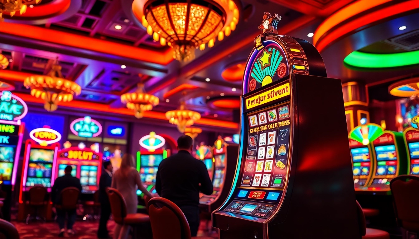 Engaging scene with players at a vibrant slot machine echoing a lively link slot gacor atmosphere in a casino.