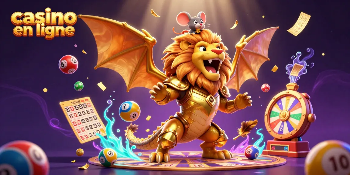 Engagez-vous dans le monde du casino en ligne avec notre illustration captivante d'une chimère triomphante et des éléments du jeu.