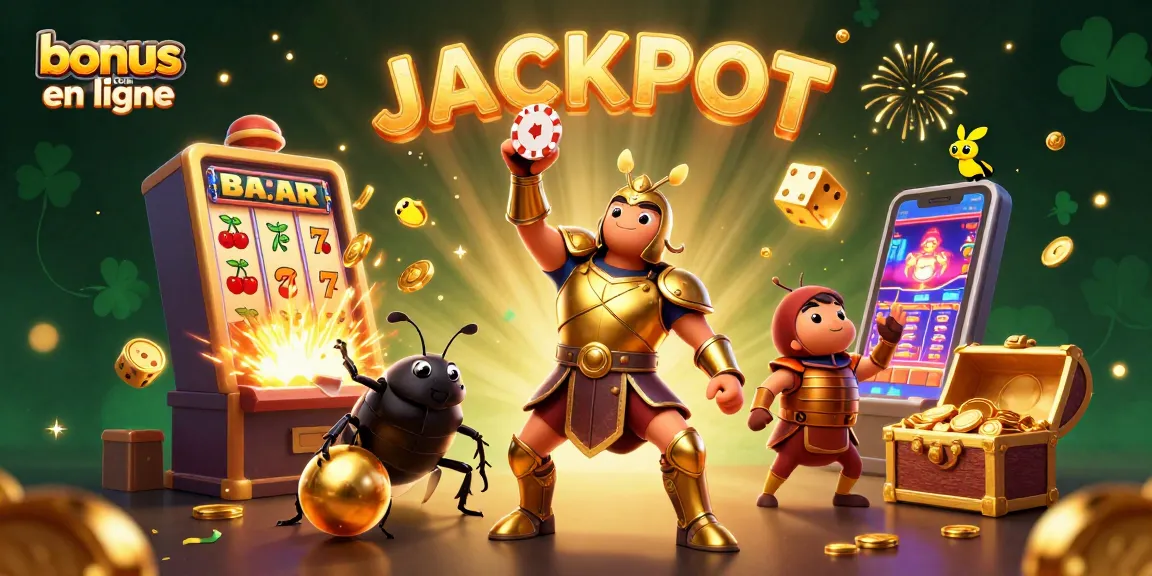 Visez un jackpot avec bonus casino en ligne, illustré par un scarabée héroïque en armure dorée.