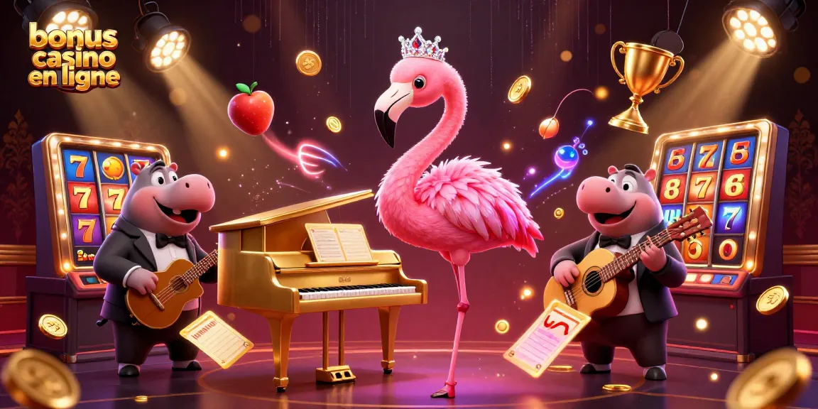 Un instant captivant : un flamingo chanteur de casino et un hippo bassiste s'illuminent dans un décor luxueux, avec bonus casino en ligne.