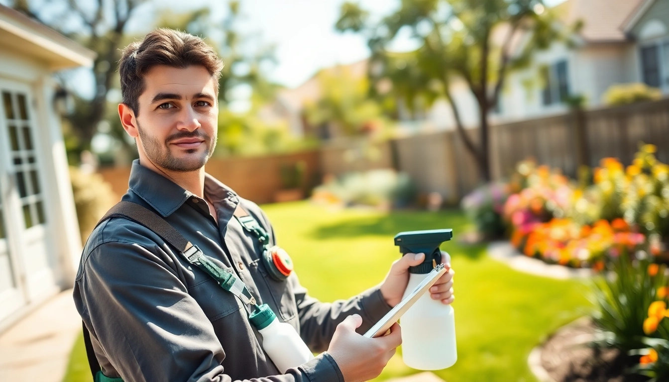 Delivering same day insect service by a professional pest control technician outdoors.