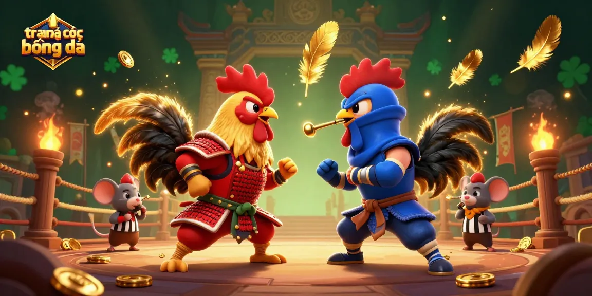 Engage in thrilling action at trang cá cược bóng đá with fighting roosters and a referee in a vibrant arena.