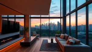 View inside a modern condo on https://newdeveloperlaunch.sg with stunning city skyline at sunset.