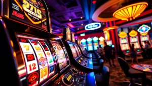 Mesin slot yang berkilau memikat dengan simbol warna-warni di latar belakang arena bermain.