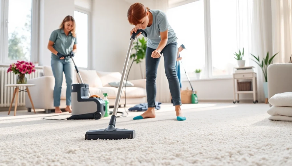Cleaning Service team efficiently working in a bright home, showcasing organized cleaning supplies and a vacuum.