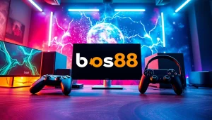 Menggambarkan logo bos88 pada peralatan gaming modern di suasana yang penuh energi.
