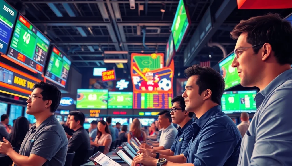 Engaged bettors at the best sports betting sites in Mexico in a vibrant sportsbook environment.