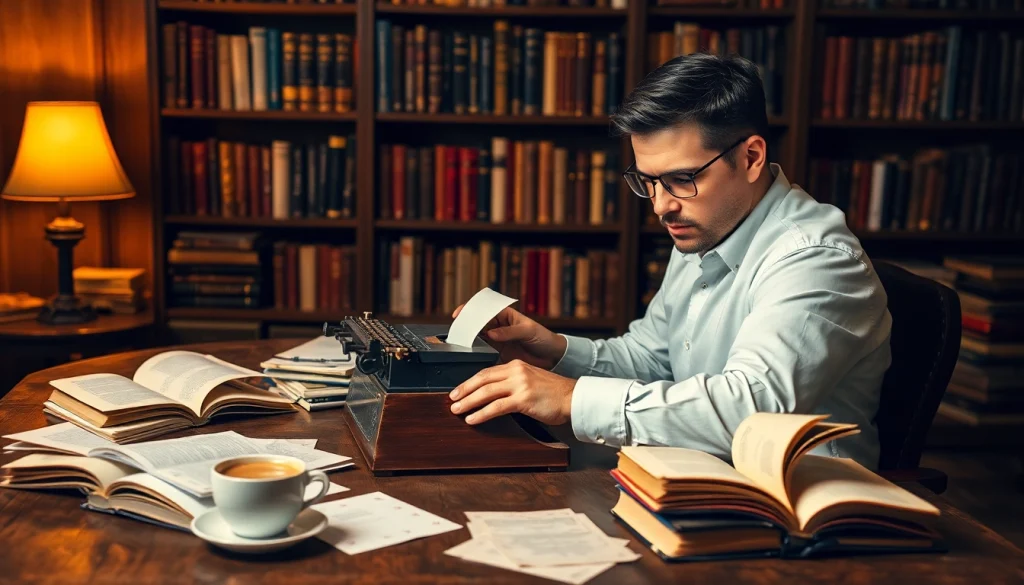 Thriller author intensely writing at a vintage desk surrounded by books and coffee.