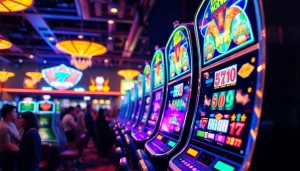 Putar slot dengan warna cerah di mesin permainan kasino yang ramai.