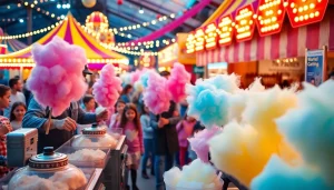 Geniet van wafel katoen gemaakt door professionele koks op een levendig carnavalsfeest.