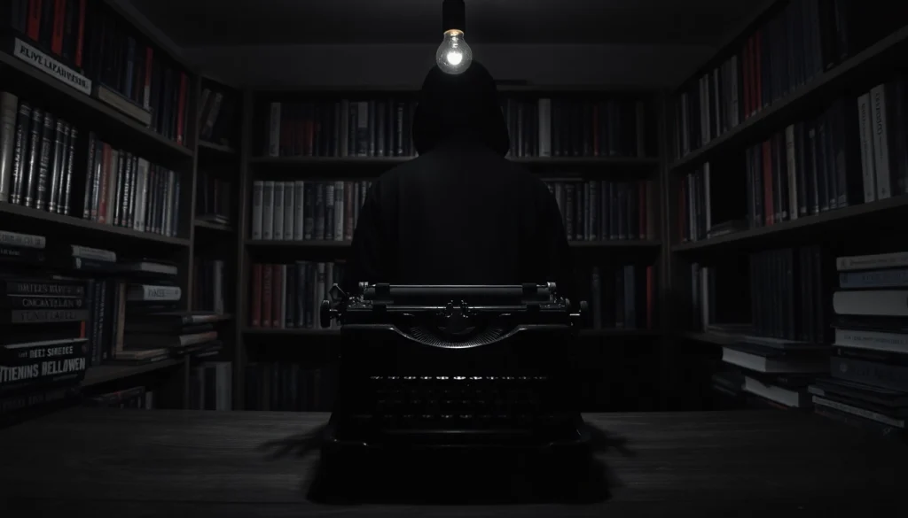 Thriller author surrounded by suspenseful books and a typewriter in a dimly lit room.