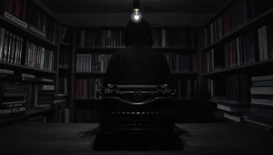 Thriller author surrounded by suspenseful books and a typewriter in a dimly lit room.
