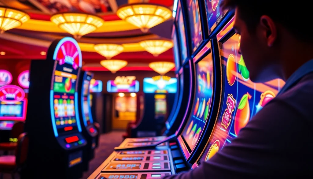 Menampilkan permainan bensu4d alternatif game dengan slot mesin berwarna cerah dan atmosfer kasino yang hidup.