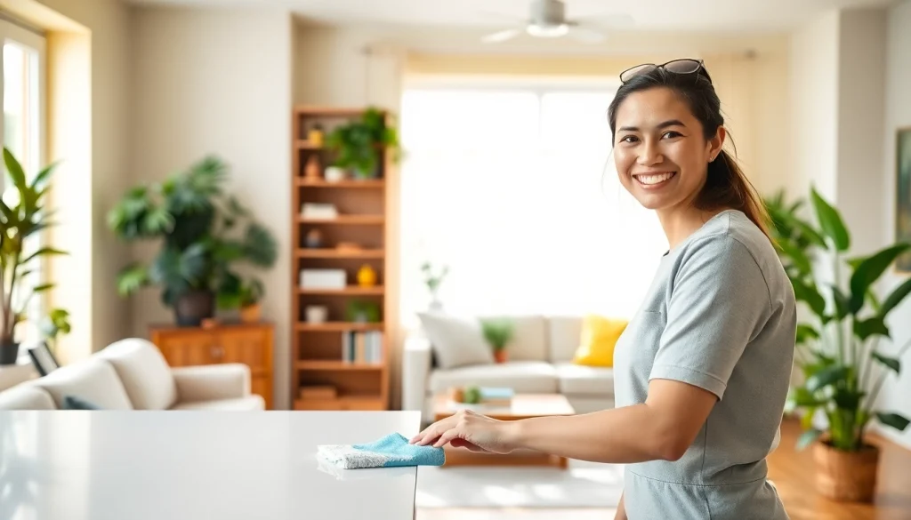 Cleaning Service in an immaculate living room with bright light and polished surfaces, showcasing a professional cleaner.