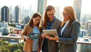 Real Estate agent showcasing modern homes to clients in an urban setting.