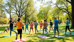 Promoting Health through community activities in a vibrant park setting, showcasing diverse individuals engaged in wellness.