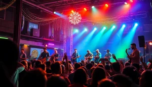 Kora live performance showcasing musicians in an energetic urban setting.