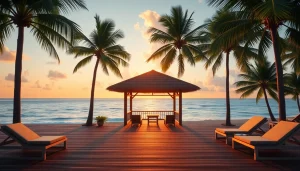 Relax in a coastal cabana surrounded by tranquil waters and palm trees.