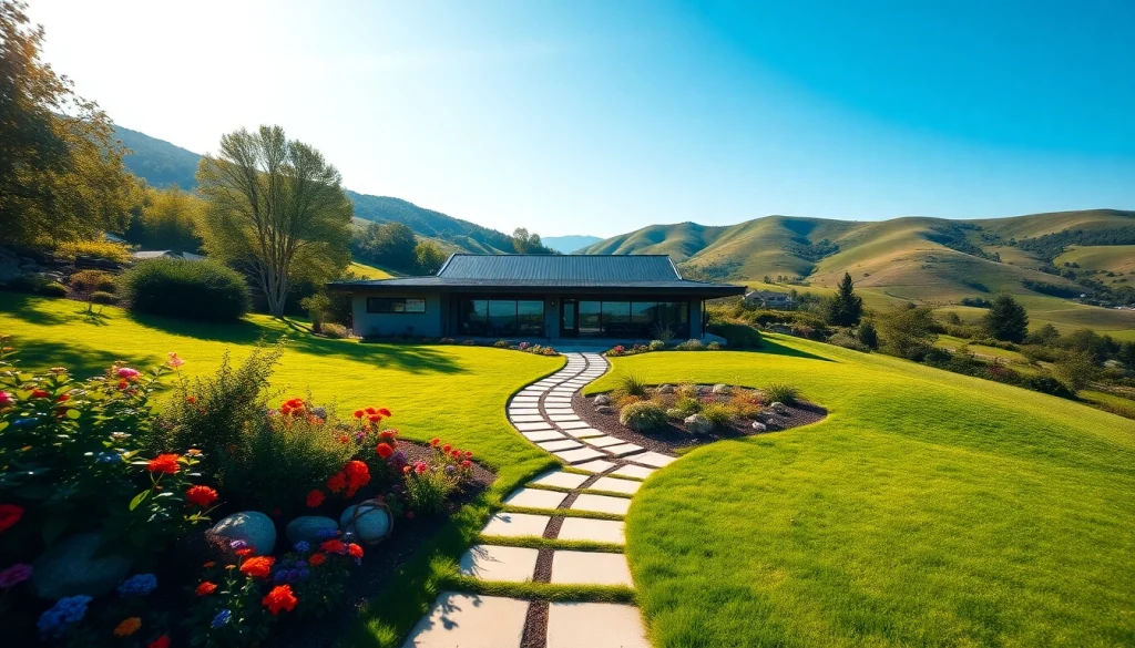 Real Estate property featuring a modern home set in a vibrant landscape with inviting garden.