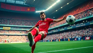 Bruno Fernandes striking a free-kick in an energetic stadium, illustrating https://diknews.co.uk/bruno-fernandes/ and his commitment.