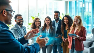 Engaging individuals collaborating using Technology in a modern, bright workspace.