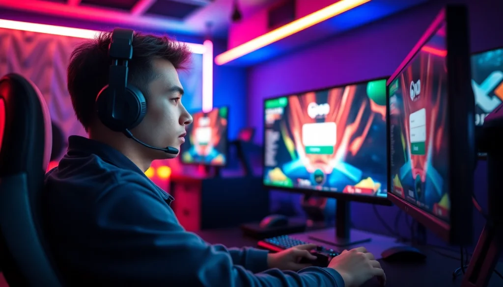 Gamer menggunakan interfaz koi800 login game dalam suasana gaming yang energik.