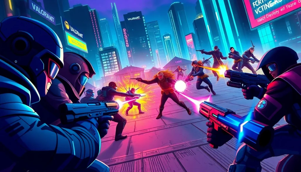 Engage in the excitement of Valorant download with agents in action against a vibrant urban backdrop.