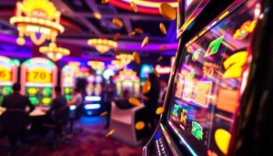 Slot mesin kasino menampilkan simbol berwarna-warni dan koin yang jatuh dalam suasana meriah.