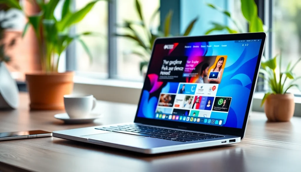 Streamlined laptop displaying https://vj88.online/ in a vibrant, modern workspace environment.